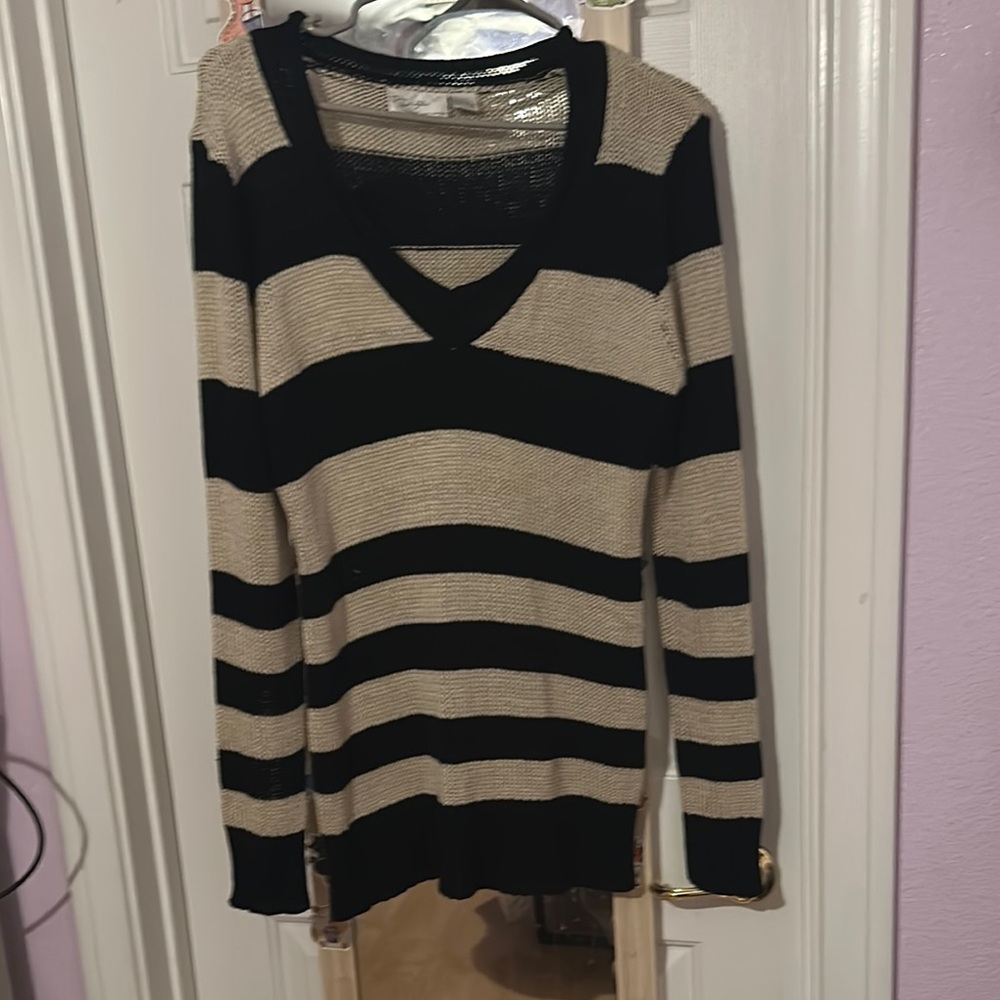Striped V-Neck Sweater - Black and Tan